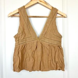 Melrose Place Tan V Neck Sleeveless Tank Top with details